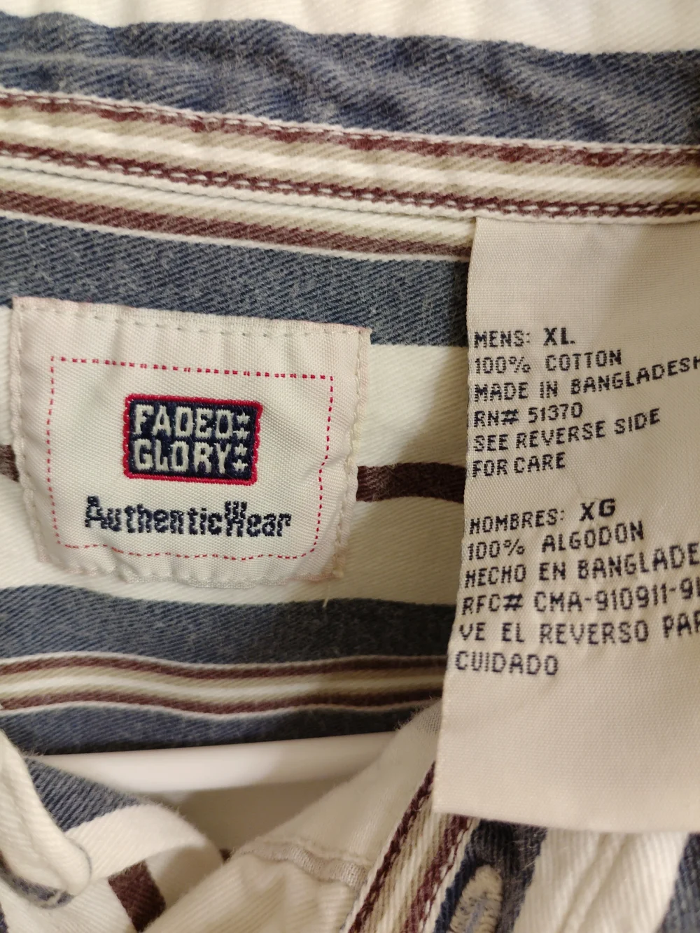 Faded Glory White Button-Down Shirt with Navy & Brown Stripes
